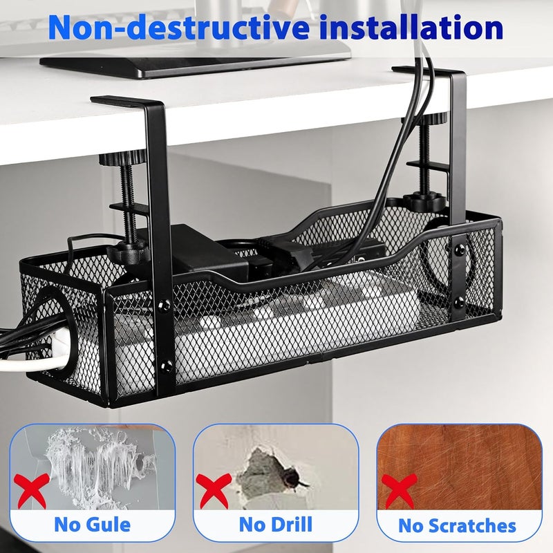 QUELIEN Under Desk Cable Management Tray Small – Clamp-Mounted Wire Organizer & Cord Management Under Desk Holder, No-Drill Metal Cable Tray for Home Office (Black) - Image 3